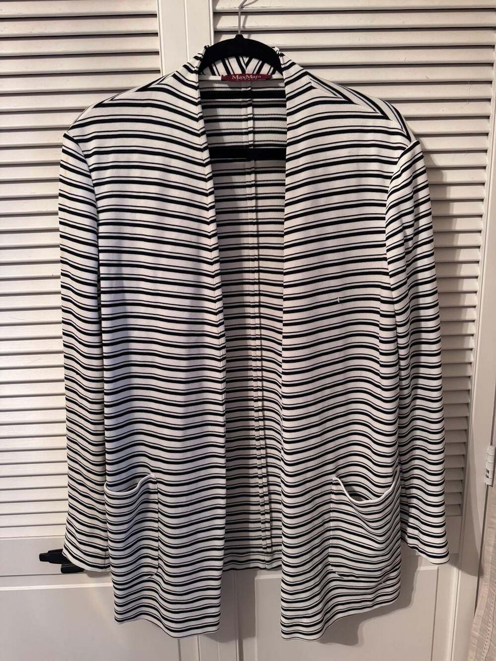 Max Mara Studio Black and White Striped Open Front Knit Cardigan